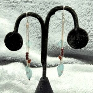 Dangle Drop Earrings Blue Aqua Gemstones Silver Tone Chain Dangle Boho